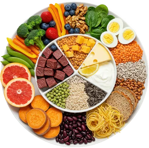Balanced healthy diet plan with fruits vegetables protein and grains for fitness and nutrition