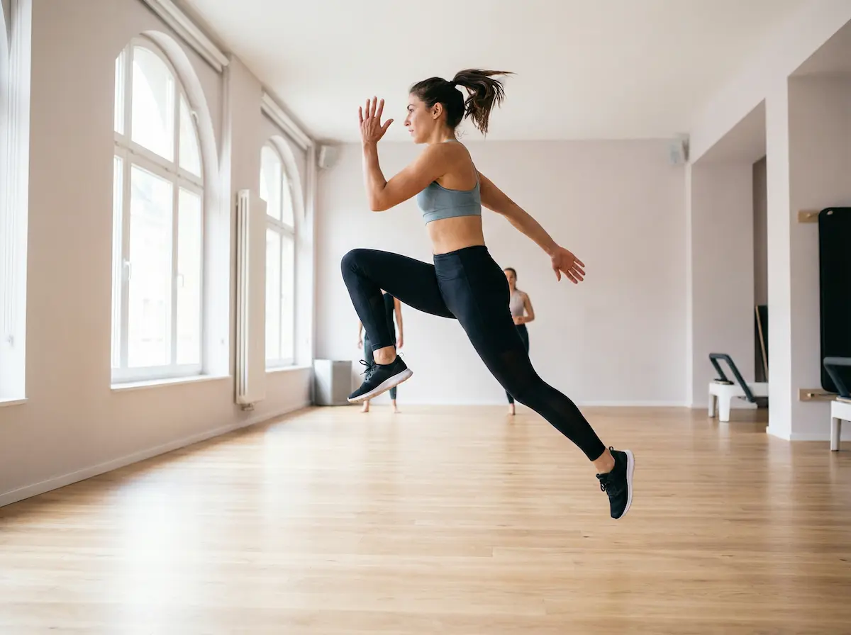 Women performing cardio workout exercises in a fitness training session